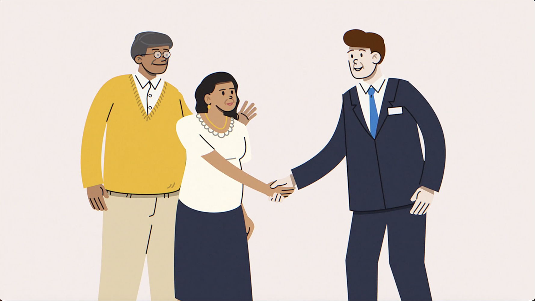 Vector illustration of a funeral home director exchanging a handshake between an older man and a woman.