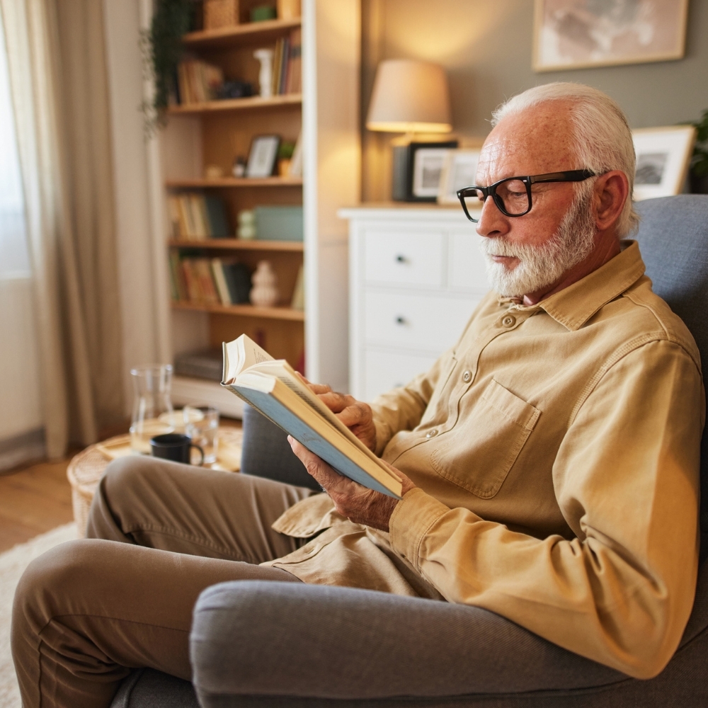 An elderly man with a white beard is sitting in a chair, reading a book, with a cozy room setting behind him.